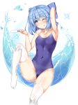  1girl blue_eyes blue_hair blue_swimsuit cirno competition_school_swimsuit feet_out_of_frame flat_chest food highres ice ice_wings looking_at_viewer oxfirecar popsicle school_swimsuit short_hair simple_background solo swimsuit thighhighs touhou water white_background white_legwear wings 
