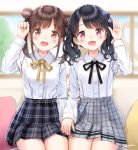  2girls bangs bashosho black_hair black_neckwear black_ribbon blunt_bangs blurry blurry_background brown_eyes brown_hair buttons commentary_request double_bun fangs fukumaru_koito grey_skirt hand_up highres idolmaster idolmaster_shiny_colors looking_at_viewer medium_hair miniskirt multiple_girls neck_ribbon open_mouth plaid plaid_skirt pleated_skirt purple_eyes ribbon school_uniform shirt sitting skin_fangs skirt sonoda_chiyoko twintails white_shirt yellow_neckwear yellow_ribbon 