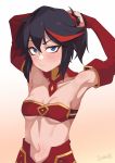  1girl black_hair blue_eyes breasts commentary cosplay darahan detached_sleeves eyebrows fate/apocrypha fate_(series) kill_la_kill matoi_ryuuko mordred_(fate) mordred_(fate)_(all) mordred_(fate)_(cosplay) navel neckwear pout red_hair red_neckwear short_hair sidelocks small_breasts tied_hair white_background 