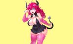  blush breasts cleavage cropped demon dress fang horns long_hair onsoku_inu original purple_eyes red_hair skintight tail thighhighs yellow 