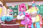  2020 anthro areola big_breasts blues64 blush breasts cake clothed clothing detailed_background digital_media_(artwork) equid equine eyebrows female fingers food friendship_is_magic gag gagged group hasbro hi_res huge_breasts inside mammal marauder6272 mrs._cake_(mlp) my_little_pony nipples open_mouth pinkie_pie_(mlp) 