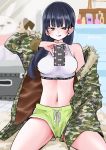  1girl black_hair boku_no_kokoro_no_yabai_yatsu cellphone commentary_request green_shorts highres holding holding_phone jacket long_hair mirror navel phone sakurai_norio self_shot shorts smartphone yamada_anna 