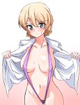  1girl areola_slip areolae bangs blonde_hair blue_eyes blush braid breasts closed_mouth collarbone commentary cowboy_shot darjeeling_(girls_und_panzer) dress_shirt eyebrows_visible_through_hair girls_und_panzer groin highres large_breasts light_frown looking_at_viewer momo_nosukeee navel open_clothes open_shirt opened_by_self purple_swimsuit shirt short_hair simple_background slingshot_swimsuit solo standing sweat sweatdrop swimsuit swimsuit_under_clothes tied_hair twin_braids undressing white_background white_shirt 