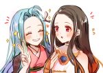  2girls ahoge blue_hair blush bridal_gauntlets brown_hair closed_eyes cosplay costume_switch granblue_fantasy grin hair_intakes hair_ribbon hakamii haori highres japanese_clothes kamado_nezuko kamado_nezuko_(cosplay) kimetsu_no_yaiba kimono long_hair lyria_(granblue_fantasy) lyria_(granblue_fantasy)_(cosplay) multicolored_hair multiple_girls open_mouth pink_kimono pink_ribbon red_eyes ribbon shiny shiny_hair simple_background sketch smile two-tone_hair upper_body very_long_hair w white_background 