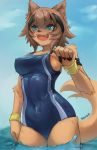 1girl animal_ears armband blue_eyes blue_sky breasts cloud dog_ears dog_tail headband highres kobold monster_musume_no_iru_nichijou nipple_slip nipples one-piece_swimsuit open_mouth polt seraziel sky smile striped striped_swimsuit swimsuit tagme tail water waves wet wet_clothes wristband 