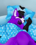  anthro bedding black_hair blanket canid canine canis domestic_dog elkhound eyes_closed fur hair male mammal pawalo pawprint_marking pillow purple_body purple_fur sleeping solo spitz xitrix 