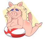  2019 anthro ball beach_ball bedroom_eyes blonde_hair breast_rest breasts domestic_pig feet female full-length_portrait gametimeasia hair hand_on_face head_on_hand hi_res humanoid_feet looking_at_viewer mammal miss_piggy muppets narrowed_eyes nude overweight overweight_female pink_body pink_skin pinup portrait pose seductive snout solo suid suina sus_(pig) 