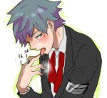  1boy blue_eyes blush drooling formal jewelry loose_necktie necktie pokemon pokemon_(game) pokemon_rse ring short_hair solo suit tongue tongue_out tsuwabuki_daigo ume-bayashi 