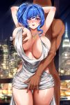  1boy 1girl armpits arms_behind_head arms_up azur_lane backless_dress backless_outfit bald bangs bare_shoulders blue_hair blue_nails blush breast_grab breasts building cityscape cleavage cowgirl_position dark_skin dark_skinned_male dress earrings evening_gown eyebrows_visible_through_hair faceless faceless_male fingering foxy_rain grabbing grey_dress hair_ornament hairclip halter_dress jewelry large_breasts nail_polish necklace night night_sky nude parted_lips pink_eyes plunging_neckline revealing_clothes side_ponytail sidelocks silver_dress sky skyscraper st._louis_(azur_lane) st._louis_(luxurious_wheels)_(azur_lane) standing straddling thighs 