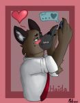  &lt;3 2018 aggressive_retsuko anthro black_nose blush brown_body brown_fur clothing ear_tuft eyebrows freckles fur green_eyes haida half-closed_eyes hi_res holding_object holding_phone hyaenid looking_at_object looking_up male mammal narrowed_eyes necktie phone picture_frame pink_background sanrio shirt signature simple_background solo spotted_hyena teeth text texting thydris topwear tuft white_clothing white_shirt white_topwear 