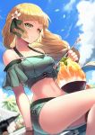  1girl bangs bare_shoulders beach blonde_hair blue_sky blunt_bangs blush breasts cleavage closed_mouth collarbone fire_emblem fire_emblem:_three_houses flower green_eyes green_ribbon green_swimsuit hair_flower hair_ornament hair_ribbon highres ingrid_brandl_galatea large_breasts long_hair looking_at_viewer midriff nakabayashi_zun navel off-shoulder_swimsuit off_shoulder ribbon shaved_ice sitting sky smile spoon swimsuit thighs 