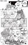  anthro black_and_white canid canine clothed clothing comic dialogue dipstick_ears disney duo edit english_text fox fur hard_translated hi_res holding_object judy_hopps lagomorph leporid mammal monochrome multicolored_ears nick_wilde rabbit red_fox shirt speech_bubble srmy_nkjd7 text topwear translated zootopia 