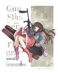  1girl angelica_(gunslinger_girl) assault_rifle bipod blue_jacket boots brown_hair bullpup copyright_name crossover dress english_text girls_frontline green_eyes grip gun gunslinger_girl hair_ribbon highres jacket long_hair long_sleeves official_art pink_dress pink_footwear ribbon rifle steyr_aug weapon 