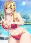  1girl adjusting_clothes adjusting_swimsuit ahoge bikini blonde_hair blush breasts cameltoe cleavage collarbone commentary_request fingernails hands_on_own_chest heart highres large_breasts multi-strapped_bikini_bottom navel nervous nervous_smile original pool red_bikini shiny shiny_skin signature solo suzuki_nene sweatdrop swimsuit tree twintails yellow_eyes 