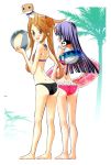  2girls :d animal_on_head ass back ball bangs barefoot beachball bikini bird black_bikini black_hair blunt_bangs blunt_ends breasts brown_eyes brown_hair commentary_request eyebrows_visible_through_hair ferret frilled_bikini frills from_behind green_eyes highres holding holding_ball holding_innertube innertube kusano_kouichi locked_arms long_hair looking_at_viewer looking_back multiple_girls on_head open_mouth original penguin pink_bikini small_breasts smile standing straight_hair swimsuit twintails 