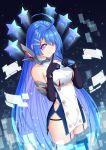  1girl absurdres ahoge argyle_cutout azur_lane bangs bare_shoulders black_background black_gloves blue_hair breasts buttons collarbone commentary cowboy_shot dress elbow_gloves eyebrows_visible_through_hair fingers_together garter_straps gloves gradient_hair groin hair_between_eyes halter_dress helena_(azur_lane) highres huge_filesize long_hair looking_at_viewer medium_breasts mouhantain multicolored_hair one_side_up purple_eyes retrofit_(azur_lane) sidelocks skindentation sleeveless sleeveless_dress smile solo standing starry_background thighhighs very_long_hair white_dress 
