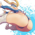  1girl ass ass_focus bandaged_fingers bandages blonde_hair blue_eyes blue_leotard boots breasts butcherboy frilled_leotard frills hip_attack huge_breasts jumping knee_boots knee_pads leotard long_hair looking_back rainbow_mika revealing_clothes solo street_fighter street_fighter_v street_fighter_zero_(series) sweat toned twintails white_footwear wrestling_mask wrestling_outfit 