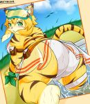  all_fours anthro big_breasts big_butt bikini blonde_hair blush breasts brown_stripes butt butt_focus clothed clothing cloud curvy_figure day eringi eyewear felid female fur goggles goggles_on_head grass green_eyes hair hi_res huge_butt inner_ear_fluff kemono looking_at_viewer looking_back mammal mia_(world_flipper) multicolored_body multicolored_fur multicolored_hair outside pantherine partially_submerged rear_view sky solo stripes swimming_goggles swimming_pool swimwear thick_thighs tiger tuft voluptuous wet wide_hips world_flipper yellow_body yellow_fur 