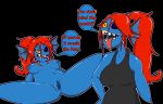  2019 animal_humanoid black_background blue_body blue_nipples blue_pussy blue_skin breasts clothed clothing dialogue eye_patch eyewear female fish fish_humanoid gametimeasia genitals hair hi_res humanoid humor marine marine_humanoid nipples nude one_eye_obstructed ponytail presenting presenting_pussy pussy red_hair sharp_teeth simple_background solo spread_legs spreading teeth tongue tongue_out topwear undertale undyne vest video_games yellow_eyes 