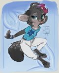  2020 anthro barefoot black_body black_fur black_nose blue_background blue_eyes bottomwear canid canine clothed clothing digital_media_(artwork) dyed-hair female fur hi_res mammal pants paws reign-2004 simple_background smile solo tongue tongue_out 