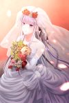  1girl bangs black_ribbon blunt_bangs bouquet braid bridal_veil collarbone danganronpa danganronpa_1 dress elbow_gloves floating_hair flower from_above gloves green_flower hair_flower hair_ornament hair_ribbon head_wreath highres holding holding_bouquet kirigiri_kyouko long_hair orange_flower purple_eyes red_background red_flower red_rose ribbon rose shiny shiny_hair silver_hair single_braid sketti sleeveless sleeveless_dress solo standing strapless strapless_dress veil very_long_hair wedding_dress white_dress white_flower white_gloves white_rose 