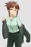  1girl akizuki_ritsuko antenna_hair bangs blazer blunt_bangs brown_eyes brown_hair cowboy_shot folded_ponytail frilled_shirt_collar frills glasses highres idolmaster jacket merukyara neck_ribbon open_mouth removing_jacket ribbon solo 