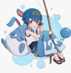  1girl azumarill blue_eyes blue_hair blue_pants fishing_rod gen_2_pokemon gen_7_pokemon gold_hairband looking_at_viewer lunia one-piece_swimsuit open_mouth pants pokemon pokemon_(creature) pokemon_(game) pokemon_sm sailor_collar sandals short_hair sleeveless suiren_(pokemon) swimsuit swimsuit_under_clothes trial_captain wishiwashi wishiwashi_(solo) 