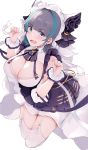  1girl animal_ears aqua_eyes aqua_hair azur_lane breasts cheshire_(azur_lane) cleavage detached_sleeves eyebrows_visible_through_hair fake_animal_ears frilled_hairband frilled_headband frilled_ribbon frills garter_straps hairband highres itete large_breasts long_ribbon looking_at_viewer maid_dress multicolored_hair open_mouth paw_pose puffy_detached_sleeves puffy_sleeves purple_apron purple_hair ribbon simple_background solo two-tone_hair white_legwear wrist_cuffs 