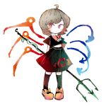  1girl ahoge arms_behind_back asymmetrical_wings black_hair black_legwear black_shirt black_skirt blue_wings blush bow bowtie chibi commentary_request full_body holding_polearm houjuu_nue looking_at_viewer mokumoku22 pigeon-toed polearm red_bow red_eyes red_footwear red_neckwear red_wings shirt shoe_bow shoes short_hair short_sleeves skirt snake solo thighhighs tomoe_(symbol) touhou trident weapon white_background wings 