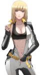  1girl abs bangs black_sports_bra blonde_hair blue_eyes blunt_bangs bodysuit breasts cleavage closed_mouth collarbone cowboy_shot english_commentary eyebrows_visible_through_hair gauntlets highres long_sleeves looking_at_viewer medium_breasts midriff navel original short_hair sidelocks simple_background solo standing sthreep unzipping white_background white_bodysuit yellow_belt 