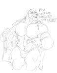  2020 abs absurd_res anthro barazoku bathrobe big_muscles big_pecs black_and_white bulge chest_tuft clothing dialogue felid goods herc_the_liger hi_res hybrid kihu liger lion male mammal merchant monochrome muscular muscular_anthro muscular_male navel nipples pantherine pecs quads robe selling simple_background sketch smile solo teeth thick_thighs tiger tuft underwear weights white_background 
