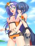  2girls bikini blue_gloves blue_hair blue_sky braid breasts censored cloud crown_braid day fingerless_gloves fire_emblem fire_emblem:_radiant_dawn fire_emblem_awakening fire_emblem_heroes flower gloves green_eyes groping hair_flower hair_ornament long_hair lucina_(fire_emblem) marth_(fire_emblem_awakening) mask mia_(fire_emblem) multiple_girls nipples open_mouth orange_bikini outdoors rere_(yusuke) short_hair sky swimsuit twitter_username water yuri 