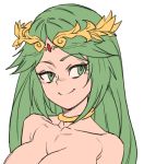  1girl breasts circlet cleavage closed_mouth commentary english_commentary green_eyes green_hair kid_icarus large_breasts long_hair nude palutena simple_background smile solo tiara upper_body white_background zakusi 