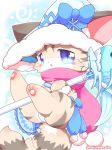  anthro bikini bikini_bottom bikini_top blue_eyes bottomwear cat_busters clothing domestic_cat felid feline felis female fish fur hat headgear headwear hi_res mafumofu_(cat_busters) mammal marine nakimayo pawpads scarf skirt solo staff swimwear tan_body tan_fur wizard_hat 