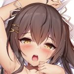  1girl bed_sheet blush brown_eyes brown_hair exe_(xe) hair_ribbon hand_up heart heart-shaped_pupils looking_at_viewer nude open_mouth original portrait ribbon round_teeth solo sweat symbol-shaped_pupils teeth twintails upper_teeth white_ribbon 
