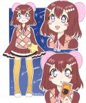  +_+ 1girl artist_name bag blue_eyes blush_stickers bow brown_hair card commentary doubutsu_no_mori emirichuyt english_commentary eyebrows_visible_through_hair full_body fuuko_(doubutsu_no_mori) hair_between_eyes hair_bow handbag highres looking_at_viewer multiple_views open_mouth shoes shooting_star short_hair skirt smile standing star_(symbol) thighhighs very_long_sleeves watermark 