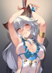  1girl 92m animal_ears armlet armpits arms_up bangs bare_shoulders blush bound bound_wrists bracelet braid breasts cleavage erune gradient gradient_background granblue_fantasy grey_background hair_between_eyes hair_tubes heles highres jewelry large_breasts long_hair looking_at_viewer one-piece_swimsuit parted_lips rope sideboob sidelocks silver_hair single_braid swimsuit very_long_hair wet white_swimsuit yellow_eyes 