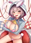  1girl :d animal_ears animal_hood breast_hold breasts bunny_ears bunny_hood bunny_tail checkered cherry cleavage fake_animal_ears food fruit gradient highres hood hoodie hoodie_lift konata_(knt_banri) large_breasts long_sleeves navel open_mouth original pillow sitting smile solo stomach string_bikini tail thighs tongue tongue_out 
