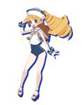  1girl anchor_symbol archer_(disgaea) blonde_hair blue_eyes blue_swimsuit disgaea disgaea_rpg drill_hair drop_shadow eyebrows_visible_through_hair full_body hat long_hair official_art one-piece_swimsuit open_mouth pointy_ears sailor_collar sailor_hat salute sandals single_vertical_stripe sleeveless solo sparkle strappy_heels swimsuit transparent_background wrist_cuffs 