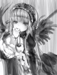  1girl closed_mouth dress eyebrows_visible_through_hair feathered_wings feathers flower frilled_hairband frills greyscale hairband hand_up highres juliet_sleeves long_hair long_sleeves looking_at_viewer monochrome nanashi_(nlo74593630) puffy_sleeves rose rozen_maiden sketch solo suigintou wings 