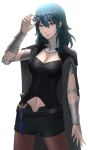 1girl absurdres adjusting_eyewear arm_up armor bangs belt black_armor black_belt black_shorts blue_eyes blue_hair breasts brown_legwear byleth_(fire_emblem) byleth_(fire_emblem)_(female) cape cleavage cowboy_shot dagger detached_collar english_commentary eyebrows_behind_hair eyewear_on_head fire_emblem fire_emblem:_three_houses grey_cape hair_between_eyes highres large_breasts long_hair looking_at_viewer navel navel_cutout pantyhose parted_lips sheath sheathed short_shorts shorts shoulder_armor sidelocks simple_background solo standing sthreep taut_clothes vambraces weapon white_background 