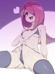  1girl absurdres ass breasts commentary covered_nipples english_commentary hair_over_one_eye heart highres little_witch_academia long_hair looking_at_viewer medium_breasts navel one-piece_swimsuit open_mouth pale_skin partially_visible_vulva pink_hair purple_legwear purple_swimsuit red_eyes sharp_teeth shiny shiny_hair shiny_skin slugbox smile solo spread_legs sucy_manbavaran swimsuit teeth thighhighs 