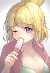  1girl animal_ears bangs blonde_hair blush breasts commentary_request doubutsu_no_mori eyebrows_visible_through_hair food holding_candy in_mouth jacket large_breasts okitanation one_eye_closed open_mouth pink_jacket popsicle purple_eyes shirt shizue_(doubutsu_no_mori) simple_background solo upper_teeth white_background white_shirt 