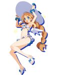  1girl angel_wings arms_up bikini bikini_skirt blonde_hair blue_eyes bow_footwear disgaea disgaea_rpg earrings flonne frilled_bikini frills full_body hat high_heels holding holding_hat jewelry long_hair low-tied_long_hair navel official_art open_mouth sandals scrunchie solo sun_hat swimsuit white_bikini white_wings wings wrist_scrunchie 