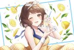  1girl ;d anoa bangs bare_shoulders blush breasts brown_eyes brown_hair checkered checkered_dress cleavage collarbone commentary_request cup dress drinking_glass drinking_straw eyebrows_visible_through_hair food fruit hair_ribbon hands_up holding holding_cup ice ice_cube idolmaster idolmaster_cinderella_girls lemon lemon_slice medium_breasts nagatomi_hasumi one_eye_closed open_mouth ribbon sleeveless sleeveless_dress smile solo white_background wrist_cuffs 