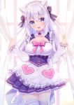  1girl :d animal_ear_fluff animal_ears apron bangs blue_eyes blue_skirt blush bow breasts cat_ears cleavage collarbone commentary_request curtain_grab curtains eyebrows_visible_through_hair frilled_apron frills hair_between_eyes hair_bow hair_ornament large_breasts long_hair long_sleeves looking_at_viewer maid maid_headdress noripro open_mouth pleated_skirt shirayuki_mishiro silver_hair skirt smile solo sumisaki_yuzuna tail thighhighs transparent very_long_hair white_apron white_legwear window 