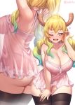  1girl ;d aqua_hair armpits ass babydoll bangs bare_shoulders black_legwear blonde_hair breasts choker collarbone commentary english_commentary fangs gradient_hair hand_in_hair hand_up heart highres horns huge_breasts iwbitu-sa kobayashi-san_chi_no_maidragon leaning_forward lingerie long_hair looking_at_viewer multicolored_hair multiple_views nipples one_eye_closed open_mouth panties panty_pull pink_babydoll pink_panties purple_eyes quetzalcoatl_(maidragon) see-through simple_background smile string_panties thick_thighs thighhighs thighs underwear upper_body wavy_hair white_background yellow_pupils 