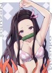  1girl absurdres ahoge arm_up armpits bit_gag black_hair blush border bra breasts character_name checkered checkered_bra cleavage collarbone commentary_request forehead frilled_bra frills gag gagged gao2519 grey_background hair_ribbon highres kamado_nezuko kimetsu_no_yaiba long_hair looking_at_viewer medium_breasts multicolored_hair outside_border pink_ribbon purple_eyes red_hair ribbon simple_background solo two-tone_hair underwear underwear_only upper_body very_long_hair white_border 