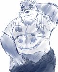  2020 anthro belly blush clothing eyewear glasses hi_res humanoid_hands kemono male mammal overalls overweight overweight_male shirt simple_background solo tokyo_afterschool_summoners topwear towel ursid video_games volos white_background yaki_atsuage 