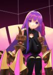  1girl bangs bare_shoulders belt_collar black_legwear breasts claw_(weapon) claws collar fate/extra fate/extra_ccc fate_(series) hair_ribbon highres huge_breasts long_hair looking_at_viewer o-ring o-ring_top open_mouth passionlip pink_ribbon pink_skirt purple_eyes purple_hair purple_ribbon ribbon skirt weapon zenshin 